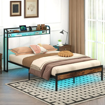 Twin/Full/Queen/King Size Bed Frame with LED Light and Charging Station-Full Size - Gray - Simple Bed Frame