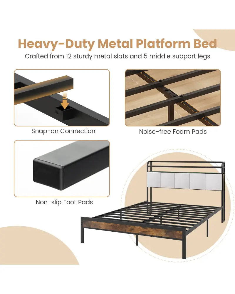 Twin/Full/Queen/King Size Bed Frame with LED Light and Charging Station-Queen Size - Gray - Simple Bed Frame