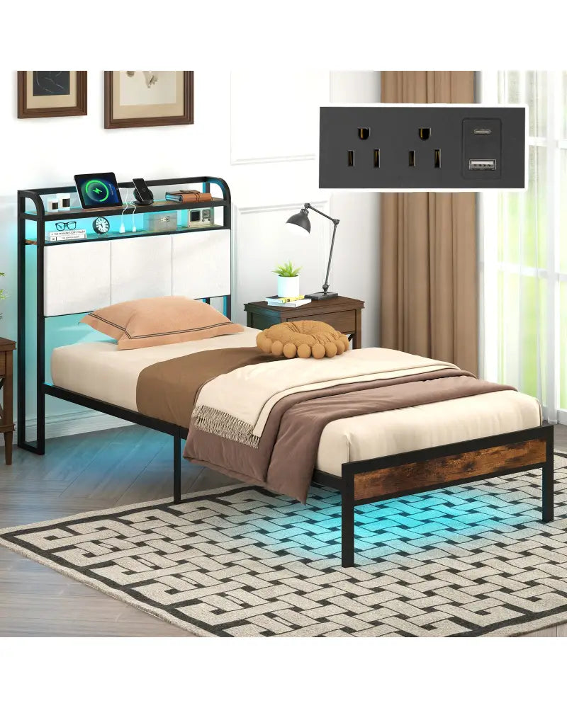 Twin/Full/Queen/King Size Bed Frame with LED Light and Charging Station-Twin Size - Gray - Simple Bed Frame