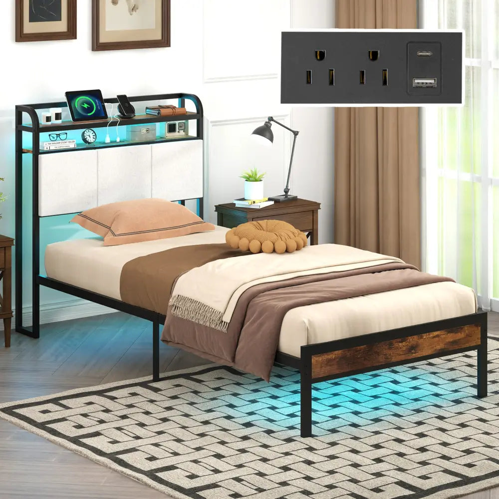 Twin/Full/Queen/King Size Bed Frame with LED Light and Charging Station-Twin Size - Gray - Simple Bed Frame