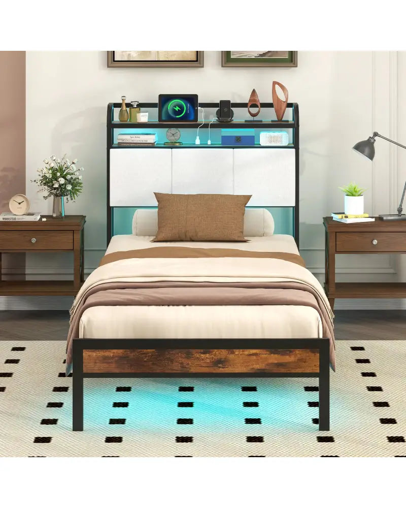 Twin/Full/Queen/King Size Bed Frame with LED Light and Charging Station-Twin Size - Gray - Simple Bed Frame