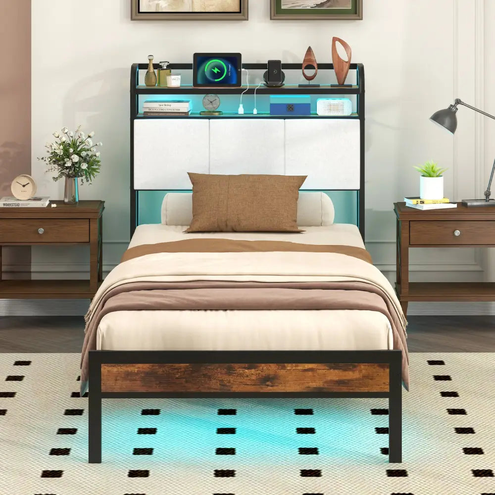 Twin/Full/Queen/King Size Bed Frame with LED Light and Charging Station-Twin Size - Gray - Simple Bed Frame