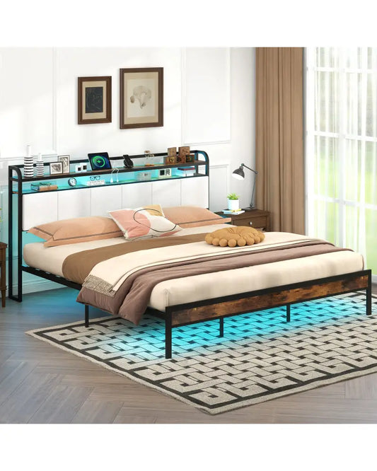 Twin/Full/Queen/King Size Bed Frame with LED Light and Charging Station-King Size - Gray - Simple Bed Frame