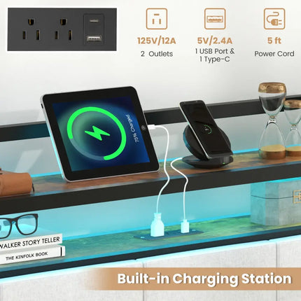 Twin/Full/Queen/King Size Bed Frame with LED Light and Charging Station-King Size - Gray - Simple Bed Frame