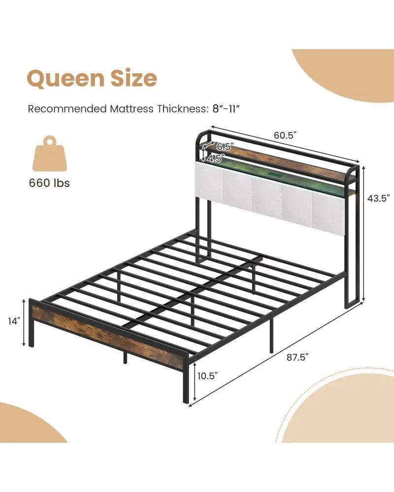 Twin/Full/Queen/King Size Bed Frame with LED Light and Charging Station-Queen Size - Gray - Simple Bed Frame