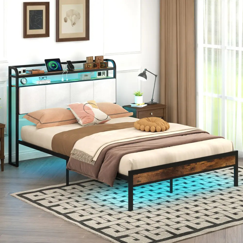 Twin/Full/Queen/King Size Bed Frame with LED Light and Charging Station-Full Size - Gray - Simple Bed Frame
