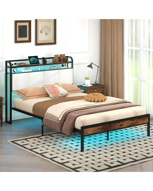 Twin/Full/Queen/King Size Bed Frame with LED Light and Charging Station-Full Size - Gray - Simple Bed Frame