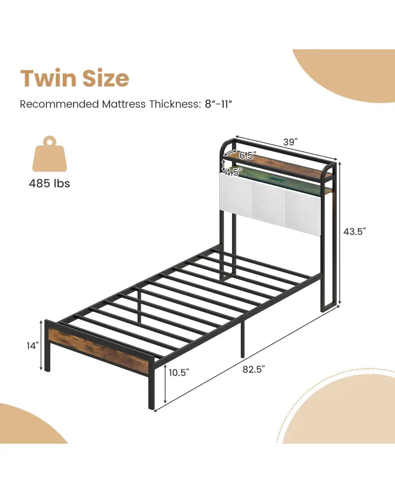 Twin/Full/Queen/King Size Bed Frame with LED Light and Charging Station-Twin Size - Gray - Simple Bed Frame