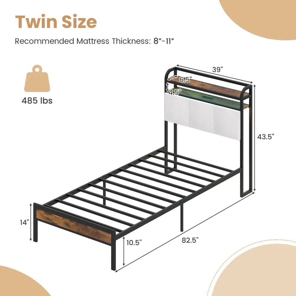 Twin/Full/Queen/King Size Bed Frame with LED Light and Charging Station-Twin Size - Gray - Simple Bed Frame