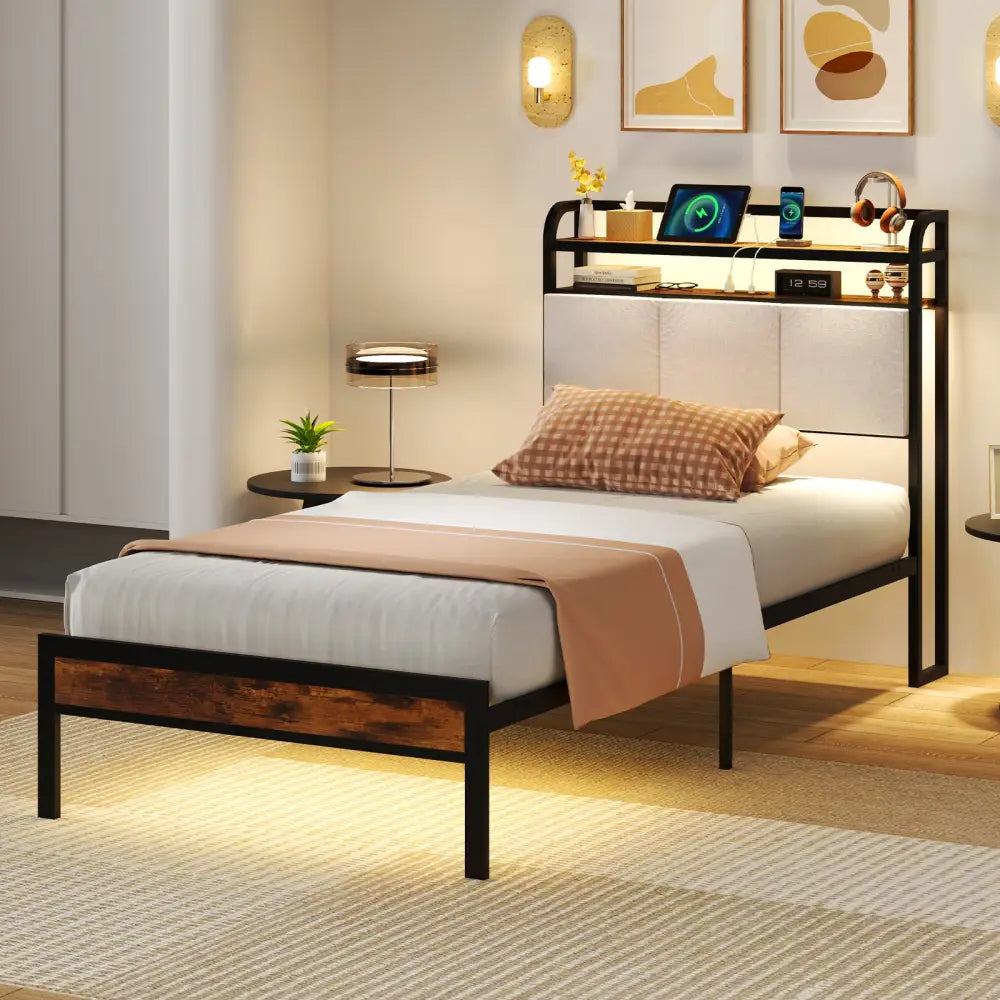 Twin/Full/Queen/King Size Bed Frame with LED Light and Charging Station-Twin Size - Gray - Simple Bed Frame