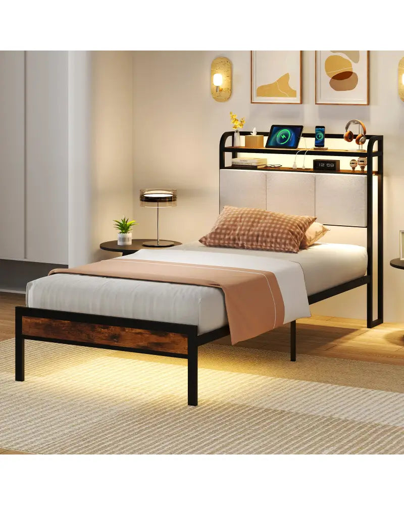 Twin/Full/Queen/King Size Bed Frame with LED Light and Charging Station-Twin Size - Gray - Simple Bed Frame
