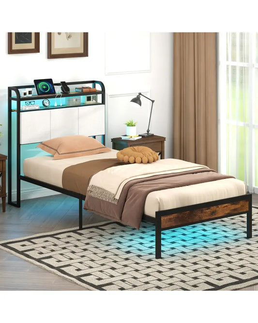 Twin/Full/Queen/King Size Bed Frame with LED Light and Charging Station-Twin Size - Gray - Simple Bed Frame