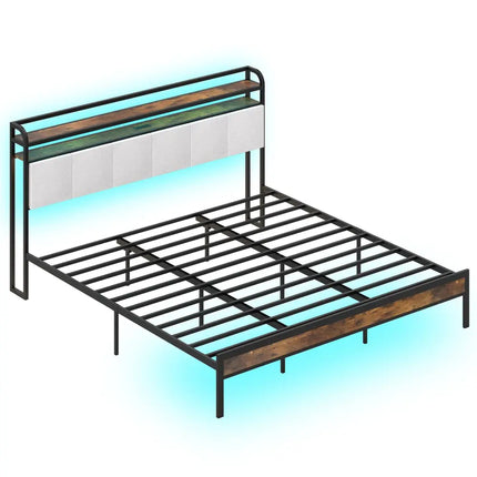 Twin/Full/Queen/King Size Bed Frame with LED Light and Charging Station-King Size - Gray - Simple Bed Frame