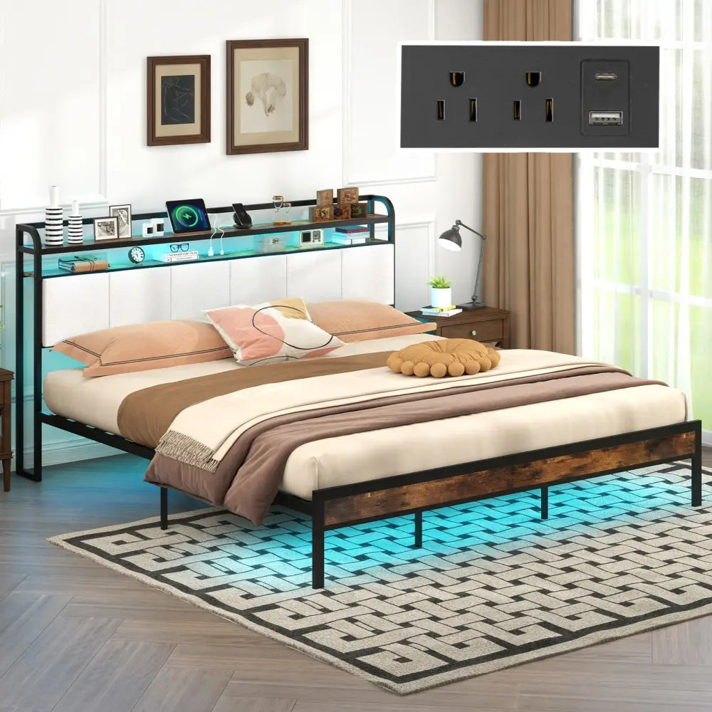 Twin/Full/Queen/King Size Bed Frame with LED Light and Charging Station-King Size - Gray - Simple Bed Frame