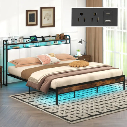 Twin/Full/Queen/King Size Bed Frame with LED Light and Charging Station-King Size - Gray - Simple Bed Frame