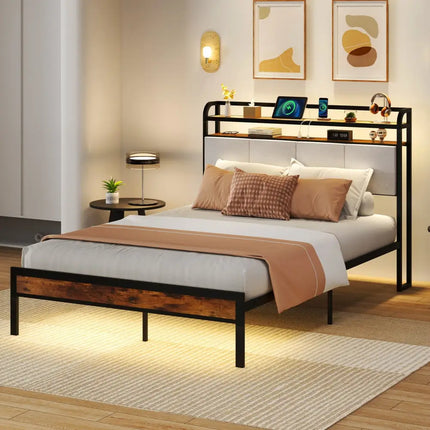 Twin/Full/Queen/King Size Bed Frame with LED Light and Charging Station-Full Size - Gray - Simple Bed Frame