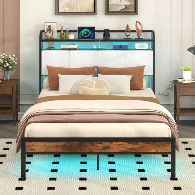 Twin/Full/Queen/King Size Bed Frame with LED Light and Charging Station-Full Size - Gray - Simple Bed Frame