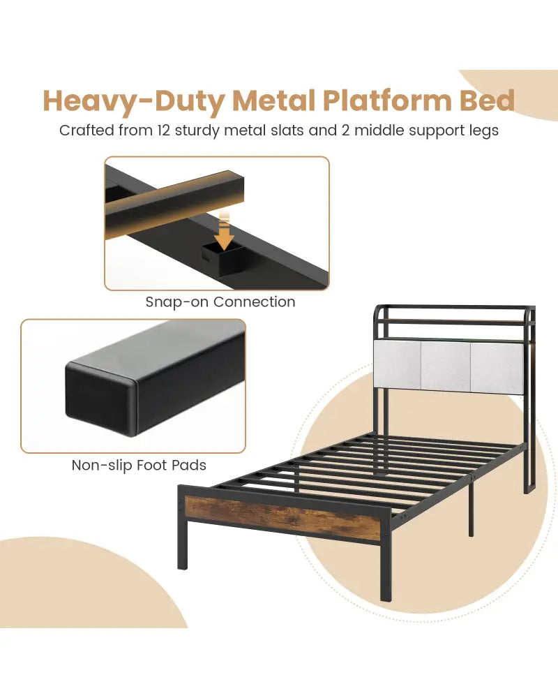 Twin/Full/Queen/King Size Bed Frame with LED Light and Charging Station-Twin Size - Gray - Simple Bed Frame