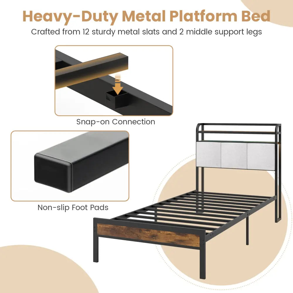 Twin/Full/Queen/King Size Bed Frame with LED Light and Charging Station-Twin Size - Gray - Simple Bed Frame
