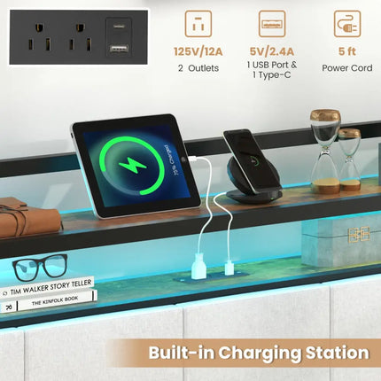 Twin/Full/Queen/King Size Bed Frame with LED Light and Charging Station-Full Size - Gray - Simple Bed Frame