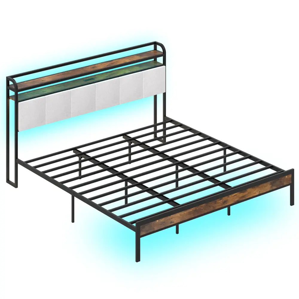Twin/Full/Queen/King Size Bed Frame with LED Light and Charging Station-King Size - Gray - Simple Bed Frame