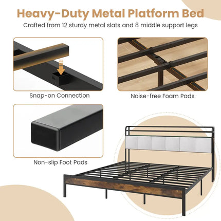 Twin/Full/Queen/King Size Bed Frame with LED Light and Charging Station-King Size - Gray - Simple Bed Frame
