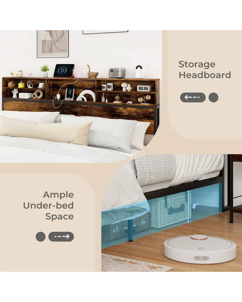 Twin/Full/Queen/King Size Bed Frame with Storage Headboard Industrial Metal Platform Bed-King Size - Rustic Brown