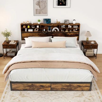 Twin/Full/Queen/King Size Bed Frame with Storage Headboard Industrial Metal Platform Bed-King Size - Rustic Brown