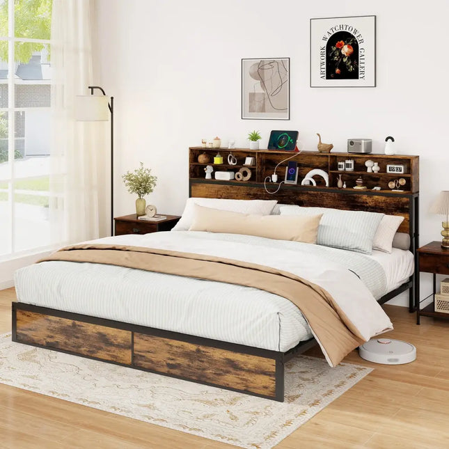 Twin/Full/Queen/King Size Bed Frame with Storage Headboard Industrial Metal Platform Bed-King Size - Rustic Brown