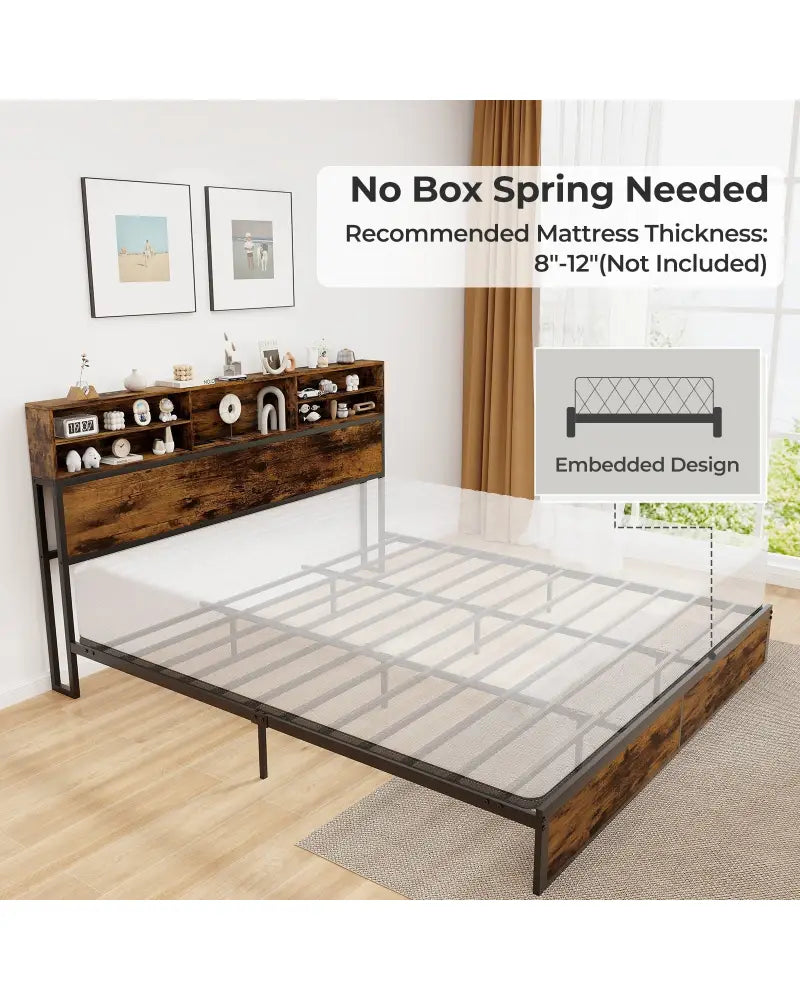 Twin/Full/Queen/King Size Bed Frame with Storage Headboard Industrial Metal Platform Bed-King Size - Rustic Brown
