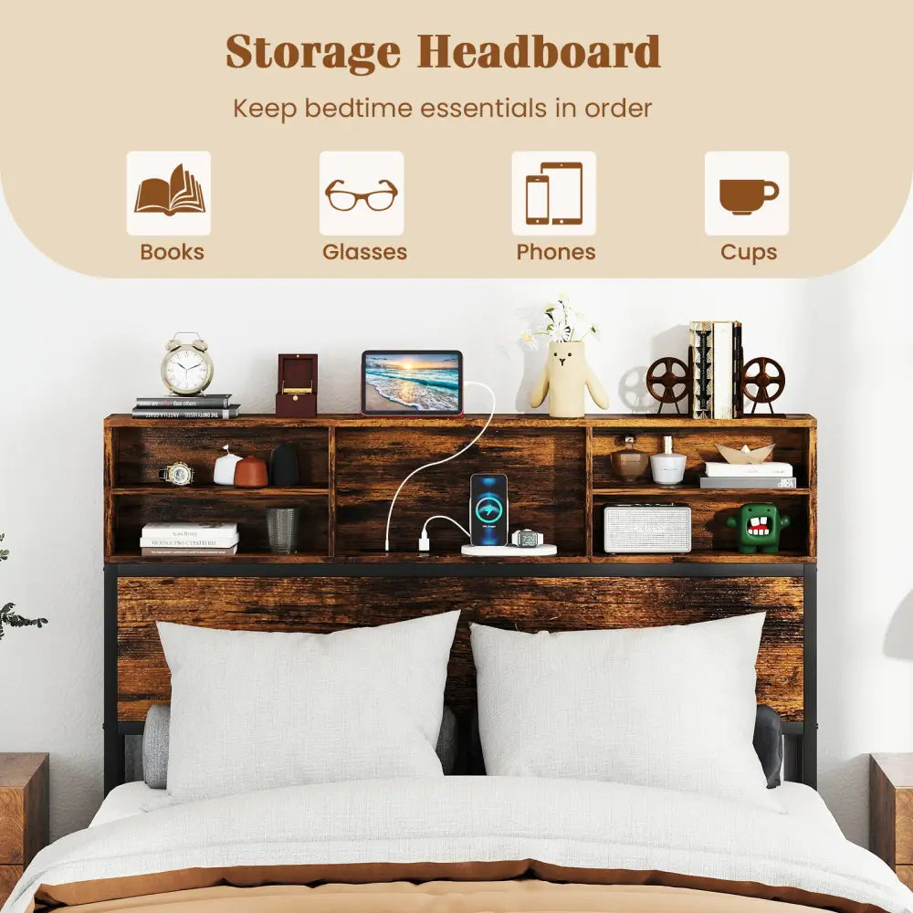 Twin/Full/Queen/King Size Bed Frame with Storage Headboard Industrial Metal Platform Bed-Full Size - Rustic Brown