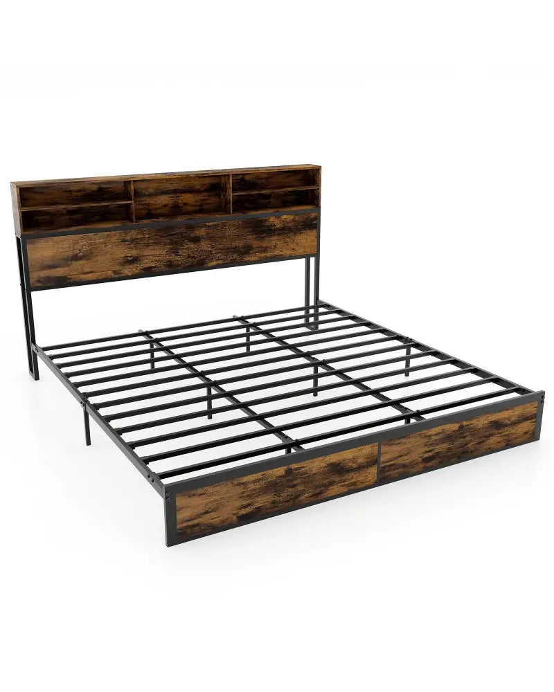 Twin/Full/Queen/King Size Bed Frame with Storage Headboard Industrial Metal Platform Bed-King Size - Rustic Brown