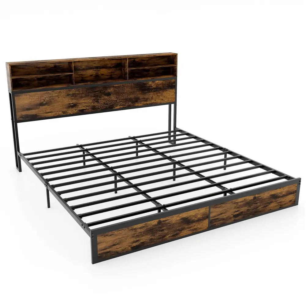 Twin/Full/Queen/King Size Bed Frame with Storage Headboard Industrial Metal Platform Bed-King Size - Rustic Brown