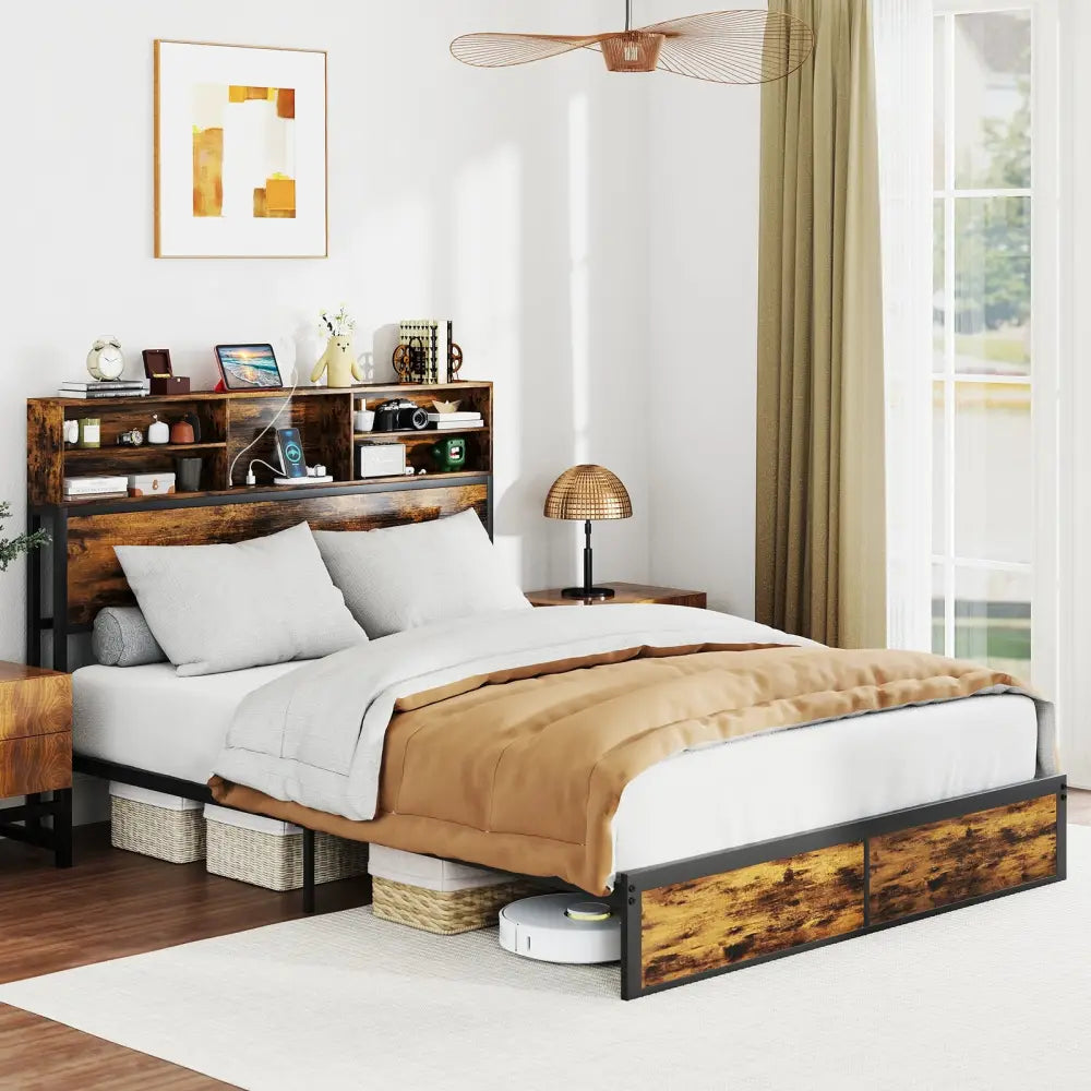 Twin/Full/Queen/King Size Bed Frame with Storage Headboard Industrial Metal Platform Bed-Queen Size - Rustic Brown