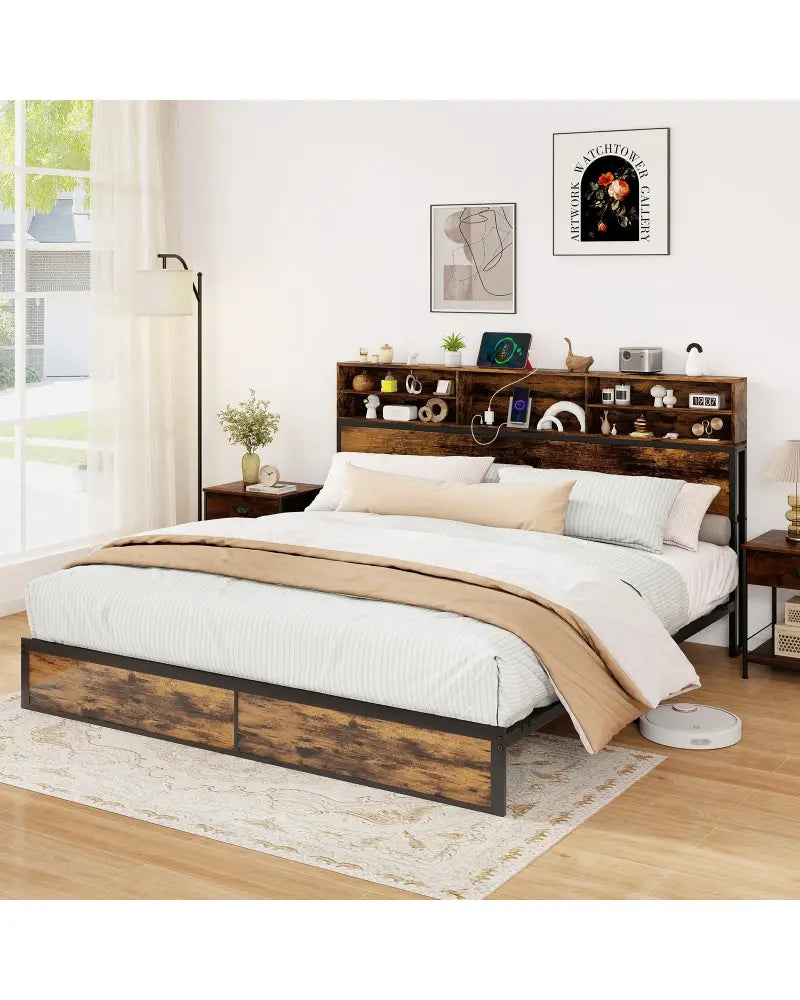 Twin/Full/Queen/King Size Bed Frame with Storage Headboard Industrial Metal Platform Bed-King Size - Rustic Brown