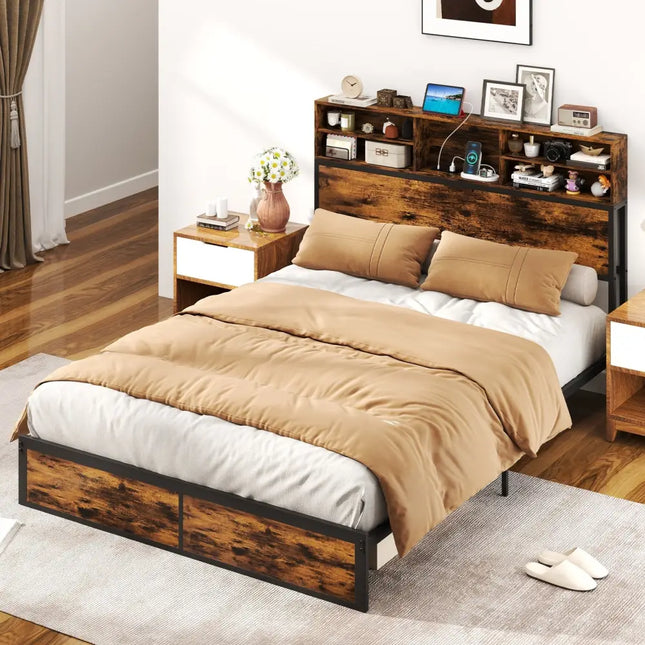 Twin/Full/Queen/King Size Bed Frame with Storage Headboard Industrial Metal Platform Bed-Queen Size - Rustic Brown