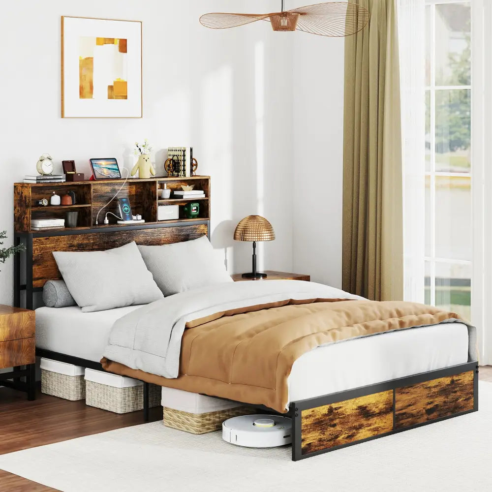 Twin/Full/Queen/King Size Bed Frame with Storage Headboard Industrial Metal Platform Bed-Full Size - Rustic Brown