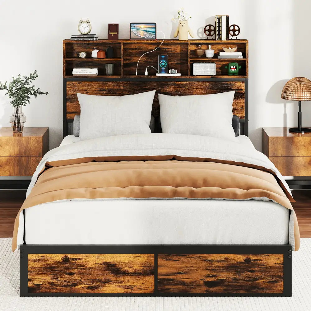 Twin/Full/Queen/King Size Bed Frame with Storage Headboard Industrial Metal Platform Bed-Full Size - Rustic Brown