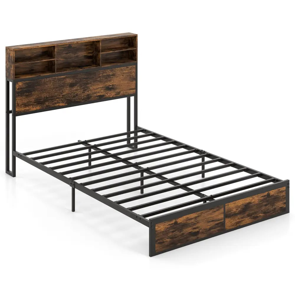 Twin/Full/Queen/King Size Bed Frame with Storage Headboard Industrial Metal Platform Bed-Full Size - Rustic Brown