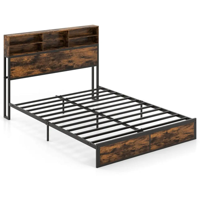Twin/Full/Queen/King Size Bed Frame with Storage Headboard Industrial Metal Platform BedQueen Size - Rustic Brown
