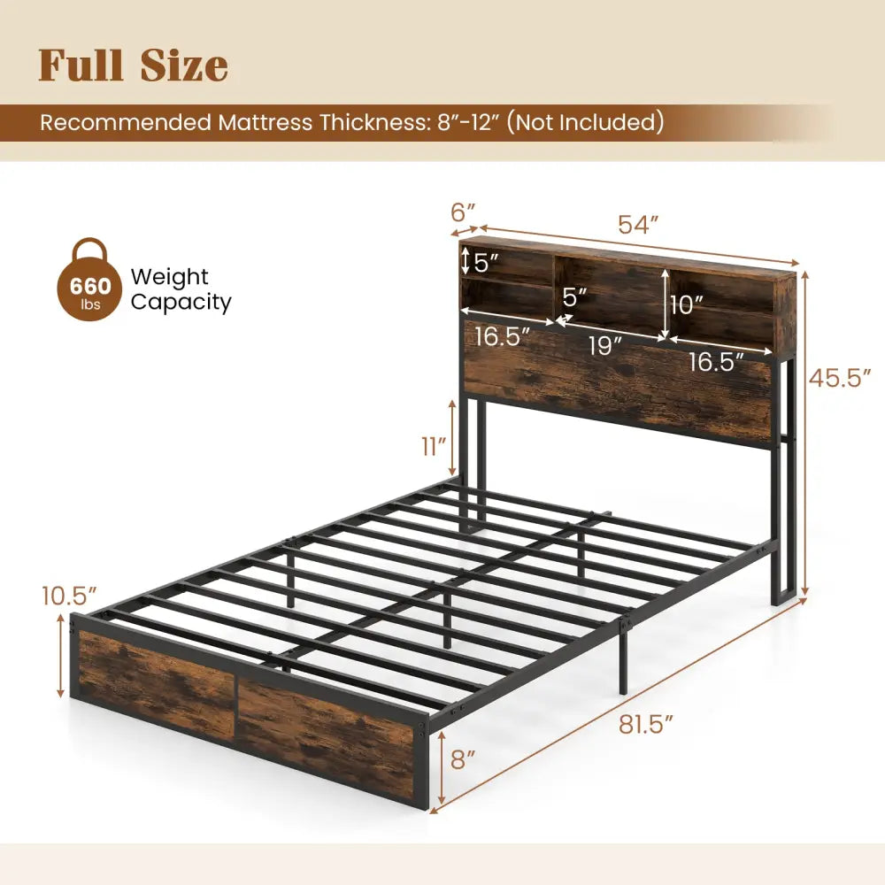 Twin/Full/Queen/King Size Bed Frame with Storage Headboard Industrial Metal Platform Bed-Full Size - Rustic Brown