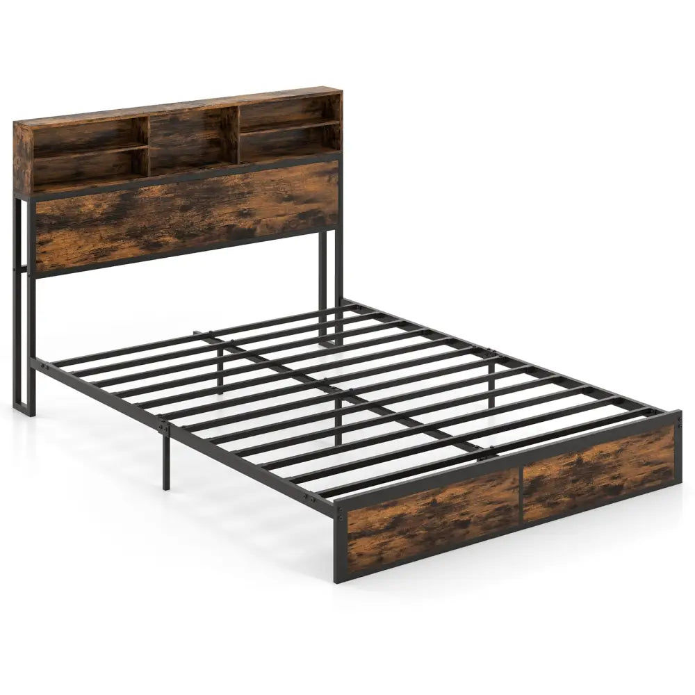 Twin/Full/Queen/King Size Bed Frame with Storage Headboard Industrial Metal Platform Bed-Queen Size - Rustic Brown