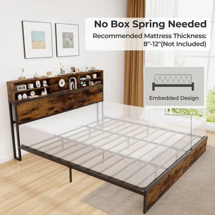 Twin/Full/Queen/King Size Bed Frame with Storage Headboard Industrial Metal Platform Bed-King Size - Rustic Brown