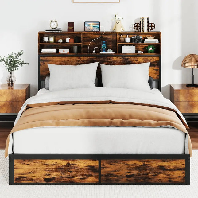 Twin/Full/Queen/King Size Bed Frame with Storage Headboard Industrial Metal Platform Bed-Queen Size - Rustic Brown