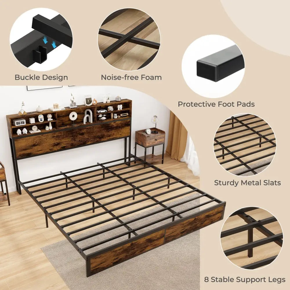 Twin/Full/Queen/King Size Bed Frame with Storage Headboard Industrial Metal Platform Bed-King Size - Rustic Brown