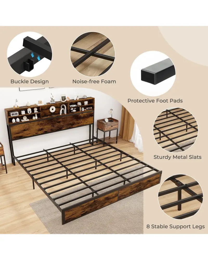 Twin/Full/Queen/King Size Bed Frame with Storage Headboard Industrial Metal Platform Bed-King Size - Rustic Brown