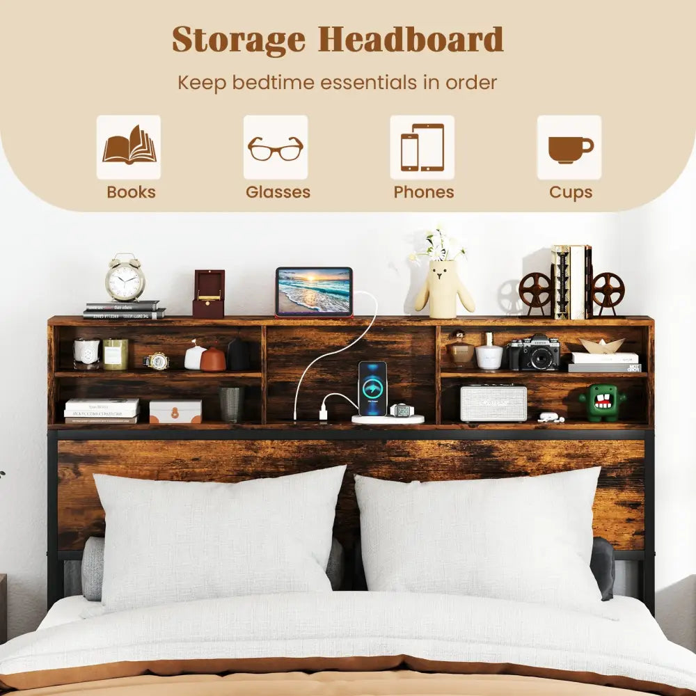 Twin/Full/Queen/King Size Bed Frame with Storage Headboard Industrial Metal Platform Bed-Queen Size - Rustic Brown