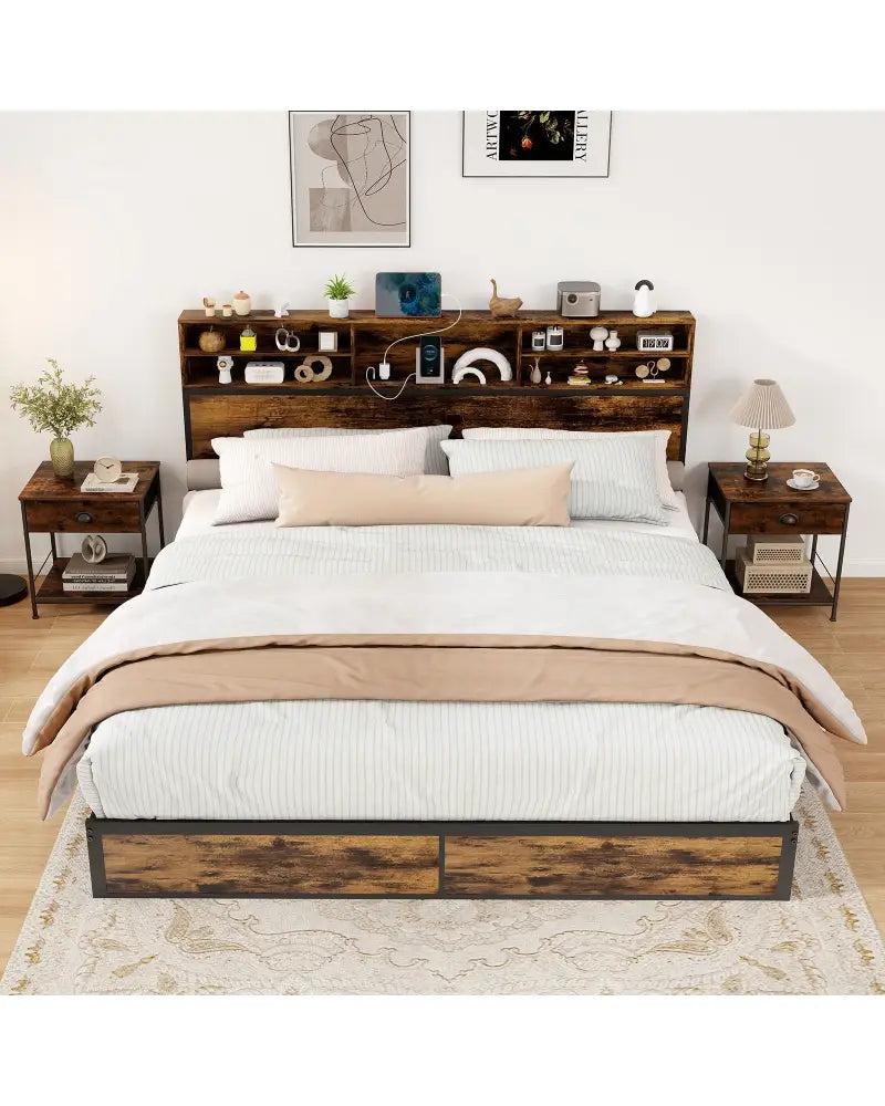 Twin/Full/Queen/King Size Bed Frame with Storage Headboard Industrial Metal Platform Bed-King Size - Rustic Brown