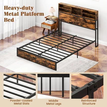 Twin/Full/Queen/King Size Bed Frame with Storage Headboard Industrial Metal Platform Bed-Queen Size - Rustic Brown
