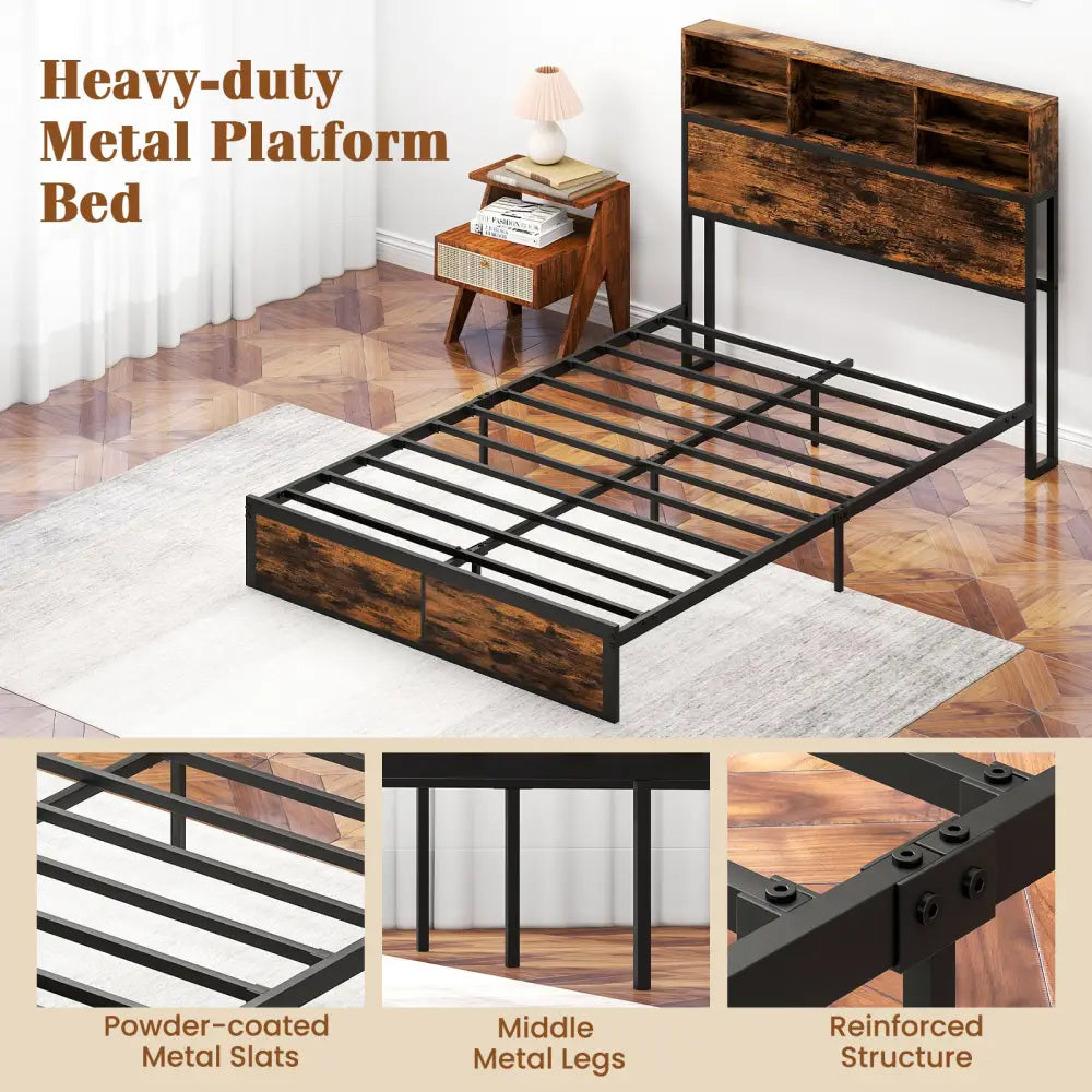 Twin/Full/Queen/King Size Bed Frame with Storage Headboard Industrial Metal Platform Bed-Full Size - Rustic Brown